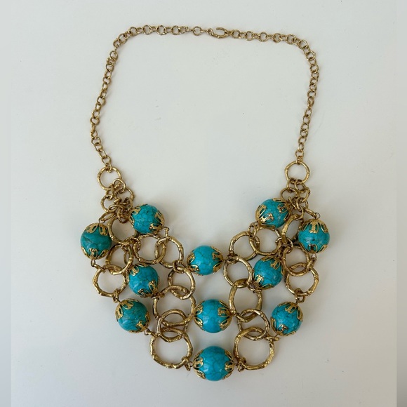 Goldtone costume turquoise statement necklace - Picture 1 of 7